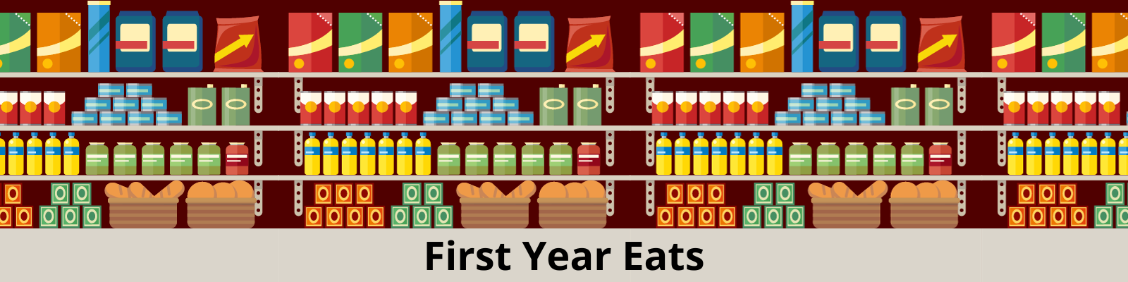 First Year Easts graphic depicting a pantry filled with food and cooking supplies. :First Year Eats" is written in a banner below the graphic.